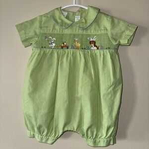 Classic Green Smocked Bunny Kids One-Piece